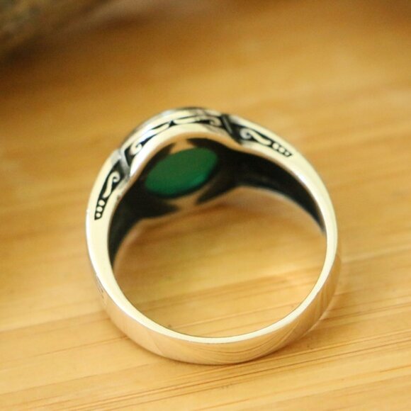 925 Sterling Silver Mens Rings Green Agate - Picture 7 of 7